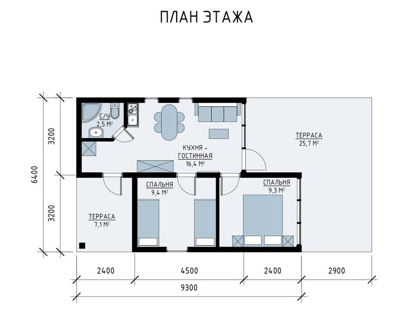 План с размерами проекта барн-хаус 44 м2